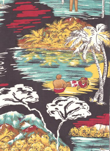 10hiapo Black Background, hula, landscape, apparel rayon, Hawaiian vintage style fabric