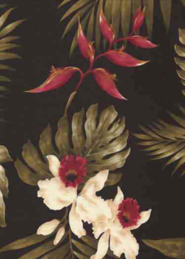 10kohala Tropical Hawaiian orchid & heliconia flowers - black cotton barkcloth fabric.