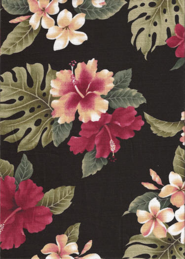10lepea Hibiscus with red & white plumeria  flowers - on a non-upholstery   overall photo 
cotton barkcloth fabric 
.