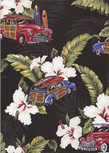 10mokio Tropical Hawaiian hibiscus flowers, surfboards on woodies cars black cotton apparel fabric.