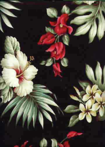 Bougainville, plumeria, hibiscus flowers on a black background Tropical Hawaiian Non-Upholstery Barkcloth fabric