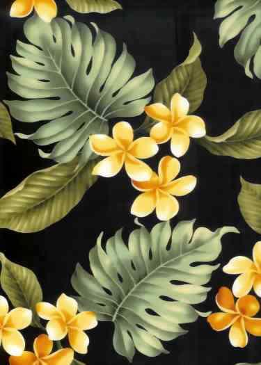 10papa black, plumeria, frangipangi flowers, apparel cotton Hawaiian vintage style fabric