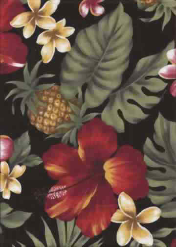 10pina Tropical Hawaiian Pineapple, plumeria & Hibiscus flowers - cotton barkcloth fabric.
