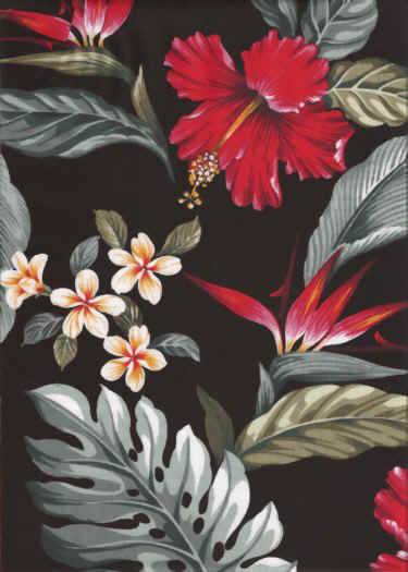 Hibiscus, bird of paradise and plumeria flowers on a black coton vintage type barkcloth fabric made for apparel and home decor projects such as curtains, bedding and tablewear