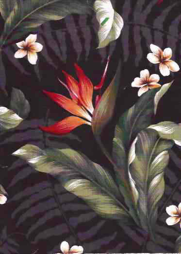 Bird of paradise & plumeria -  non-upholstery black cotton barkcloth fabric