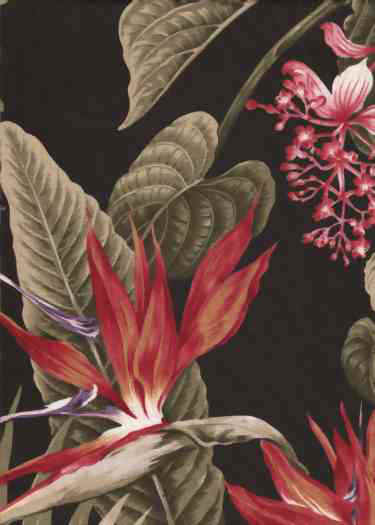 10pali black, Hibiscus, plumeria, bird of paradise & Orchid flowers
 		cotton non-upholstery barkcloth fabric