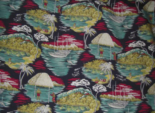10hiapo hula, landscape, apparel rayon, Hawaiian vintage style fabric