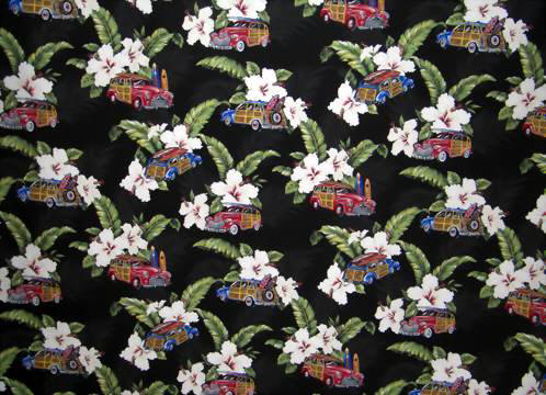 10mokio Tropical Hawaiian hibiscus flowers, surfboards on woodies cars black cotton apparel fabric.