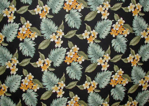 10papa black, plumeria, frangipangi flowers, apparel cotton Hawaiian vintage style fabric