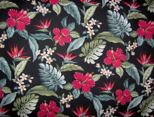 Hibiscus, bird of paradise and plumeria flowers on a black coton vintage type barkcloth fabric made for apparel and home decor projects such as curtains, bedding and tablewear