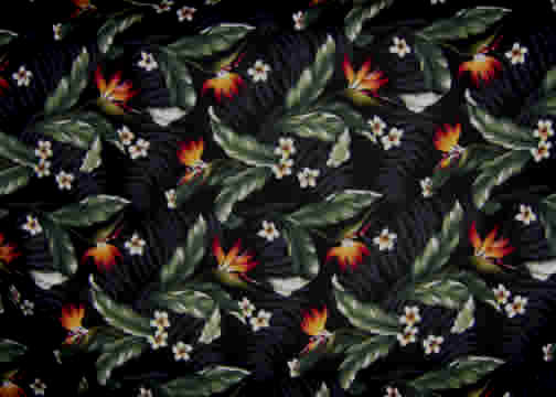 Bird of paradise & plumeria -  non-upholstery black cotton barkcloth fabric