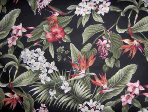 10pali black, Hibiscus, plumeria, bird of paradise & Orchid flowers
 		cotton non-upholstery barkcloth fabric