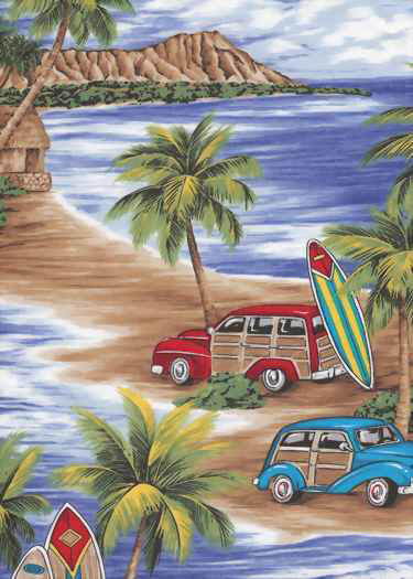 Diamond Head, palm trees, surfboards, woodys, woodies
Hawaiian tropical floral scenic print