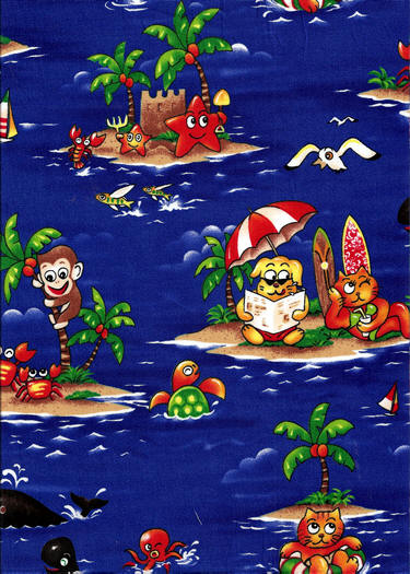 Hawaiian Fabrics - Surfboards, monkeys, whales, cats,
dogs, starfish, palm trees, umbrellas