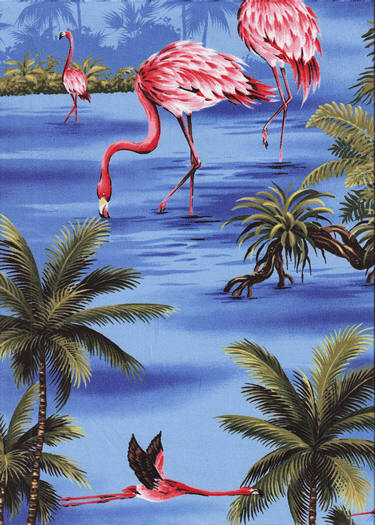 20pohu Tropical Hawaiian Flamingos and Palm Trees on a broadcloth apparel.