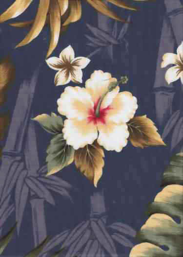 Bamboo and hibiscus flowers on a slate blue non-uphoolstery barkcloth fabric