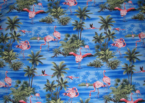 20pohu Tropical Hawaiian Flamingos and Palm Trees on a broadcloth apparel.