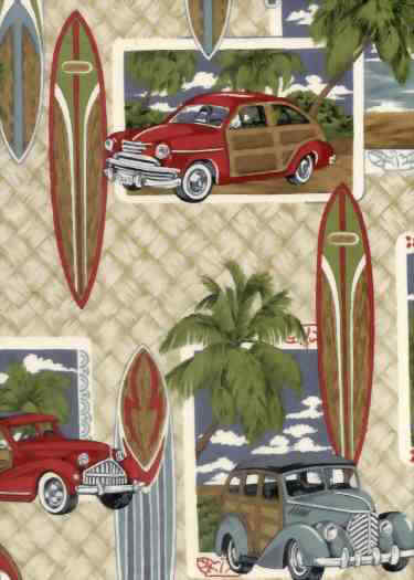 90woody Tropical Hawaiian Hawaiian cotton apparel fabric with trucks , motorcycles and surf boards, cotton apparel fabric..