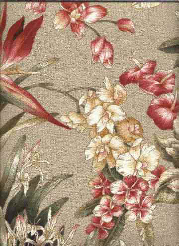 Ona Taupe Bird of Paradise & Orchid Flowers on nubby bark cloth fabric.