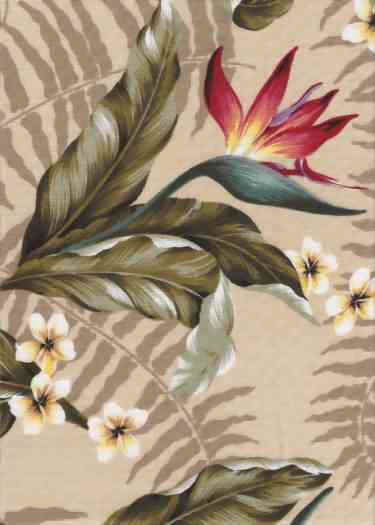 90ehiu, Hawaiian cotton apparel fabric.  Tropical Leaves, Bird of Paradise, Plumeria and Hibiscus flowers.