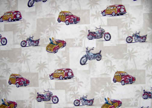 90pihi taupe, Hawaiian cotton apparel fabric with trucks, motorcycles & surfboards. Tropical vintage style fabric