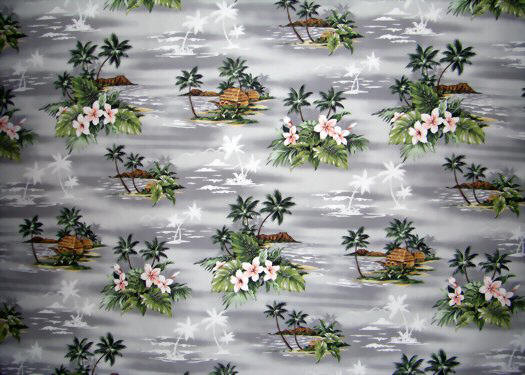 12lanui Hawaiian Scenic landscape of Diamond Head Palm
	  Trees & Tropical flowers, apparel cotton Hawaiian vintage style fabric