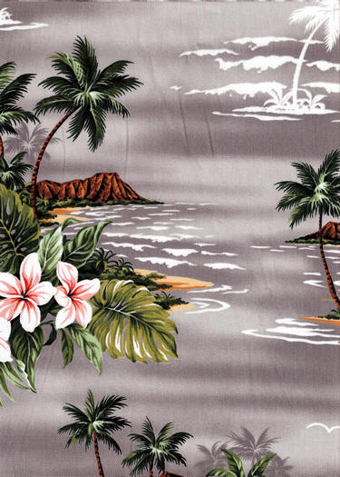 12lanui Hawaiian Scenic landscape of Diamond Head Palm
	  Trees & Tropical flowers, apparel cotton Hawaiian vintage style fabric