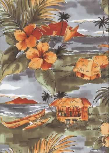 12noi, Hawaiian Scene landscape of Diamond Head Palm Trees & Tropical flowers, hula huts, canoes, retro fabric, cotton apparel fabric.