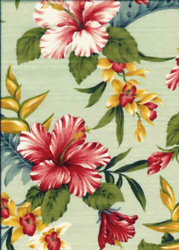 70hiki Tropical Hawaiian Hibiscus and orchid flowers on a cotton non-upholstery barkcloth fabric.
