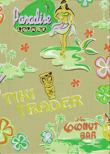 70muka Hula Girls, cocktail glasses & palm trees, tikis on poplin apparel fabric. Hawaiian vintage style fabric.
