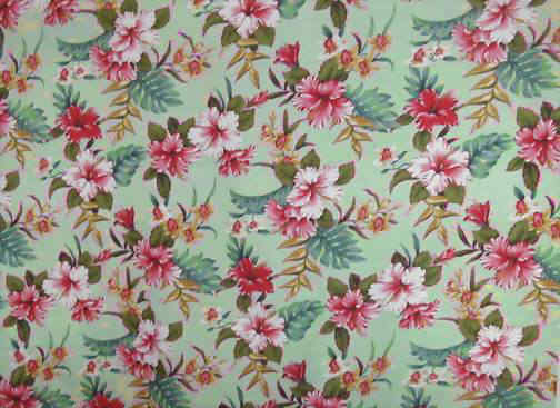 70hiki Tropical Hawaiian Hibiscus and orchid flowers on a cotton non-upholstery barkcloth fabric.