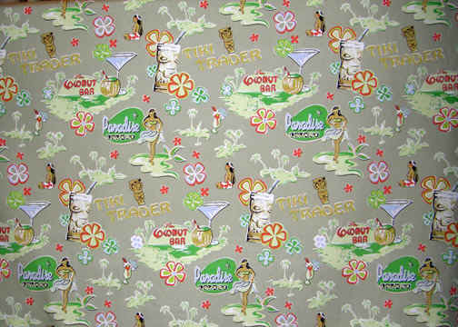 70muka Hula Girls, cocktail glasses & palm trees, tikis on poplin apparel fabric. Hawaiian vintage style fabric.