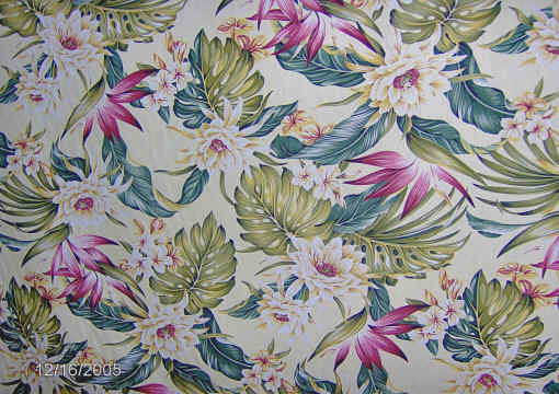 30 pahe - Protea, Plumeria &  Bird of Paradise flowers  on a Hawaiian tropical beige cotton apparel broadcloth fabric.