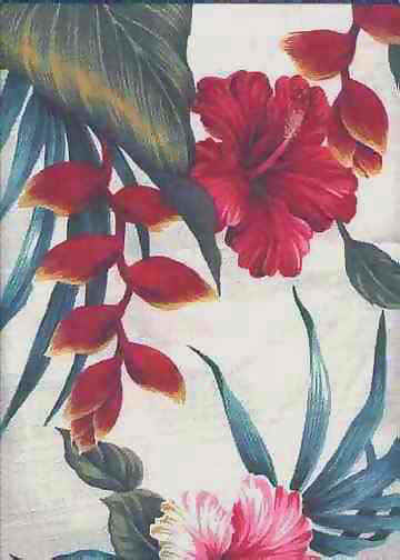 Anea Tropical Hawaiian orchid & plumeria flowers, cotton upholstery barkcloth fabric.