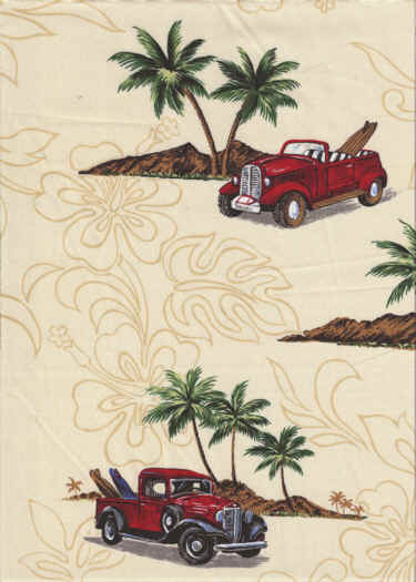 Diamond Head, palms, surfboards & trucks on an aqua poplin apparel fabric.