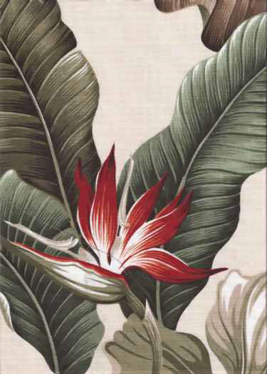 30kealoha. Bird of Paradise Flowers on a Leafy Wide Non-Upholstery Barkcloth.