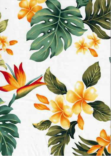 30lelina.jpg. Plumeria & Bird Of Paradise Flowers  for quilting or apparel fabric, retro fabric, cotton apparel fabric.