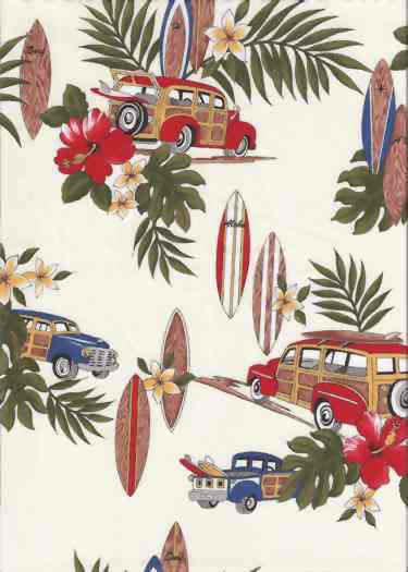 30manao Tropical Hawaiian Vintage Woody Trucks and surfboards on a cotton Hawaiian apparel fabric..