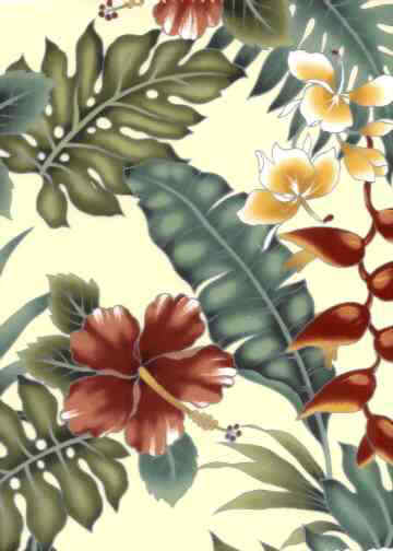30moki Tropical Hawaiian hibiscus, heliconia & ginger flowers, cotton apparel fabric.