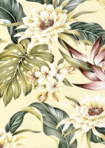 30 pahe - Protea, Plumeria &  Bird of Paradise flowers  on a Hawaiian tropical beige cotton apparel broadcloth fabric.
