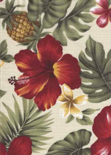 30pina Tropical Hawaiian Pineapple, plumeria & Hibiscus flowers - cotton barkcloth fabric.