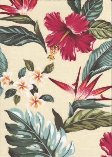 30puaki Tropical Hawaiian Plumeria, Bird of Paradise & Hibiscus flowers cotton barkcloth fabric.