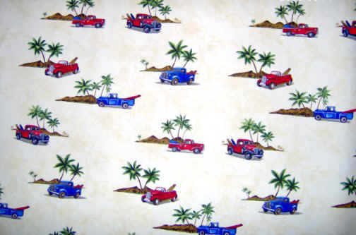Diamond Head, palms, surfboards & trucks on an aqua poplin apparel