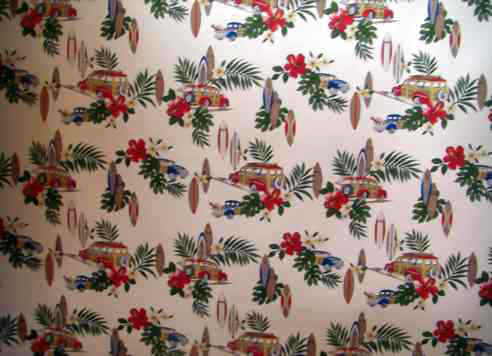 30manao Tropical Hawaiian Vintage Woody Trucks and surfboards on a cotton Hawaiian apparel fabric..