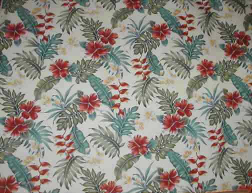 30moki Tropical Hawaiian hibiscus, heliconia & ginger flowers, cotton apparel fabric.