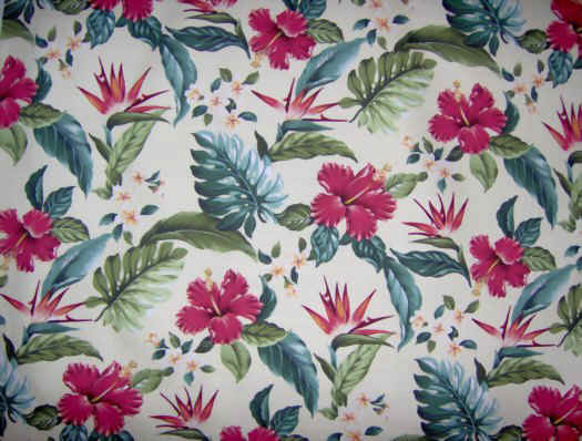 30puaki Tropical Hawaiian Plumeria, Bird of Paradise & Hibiscus flowers cotton barkcloth fabric.