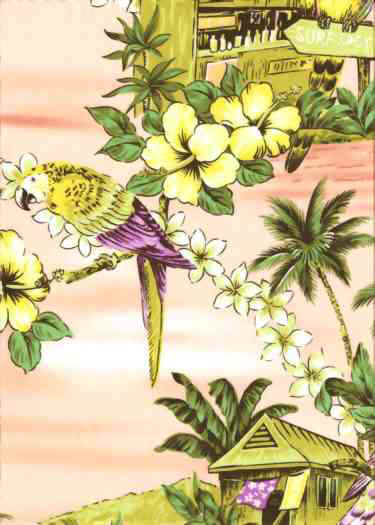 14kapili, parrots, surfboard shop & palm trees, retro fabric, cotton apparel fabric.