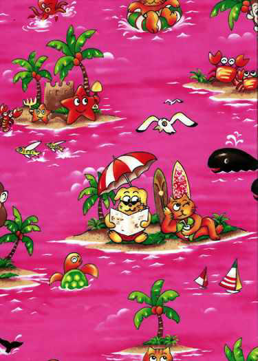 Hawaiian Fabrics - Surfboards, monkeys, whales, cats,
dogs, starfish, palm trees, umbrellas