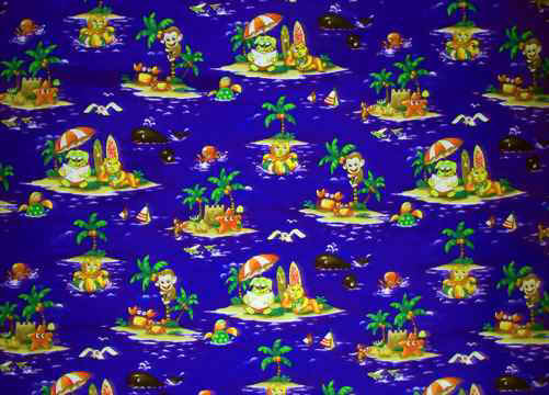 Hawaiian Fabrics - Surfboards, monkeys, whales, cats,
dogs, starfish, palm trees, umbrellas