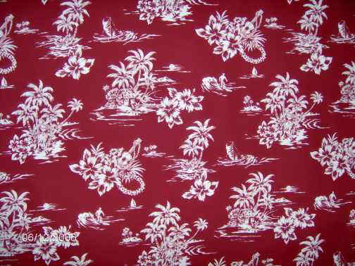 40peka red &white. Palm Trees, surfers, leis & hibiscus  on cotton broadcloth apparel fabric. Apparel cotton Hawaiian vintage style fabric